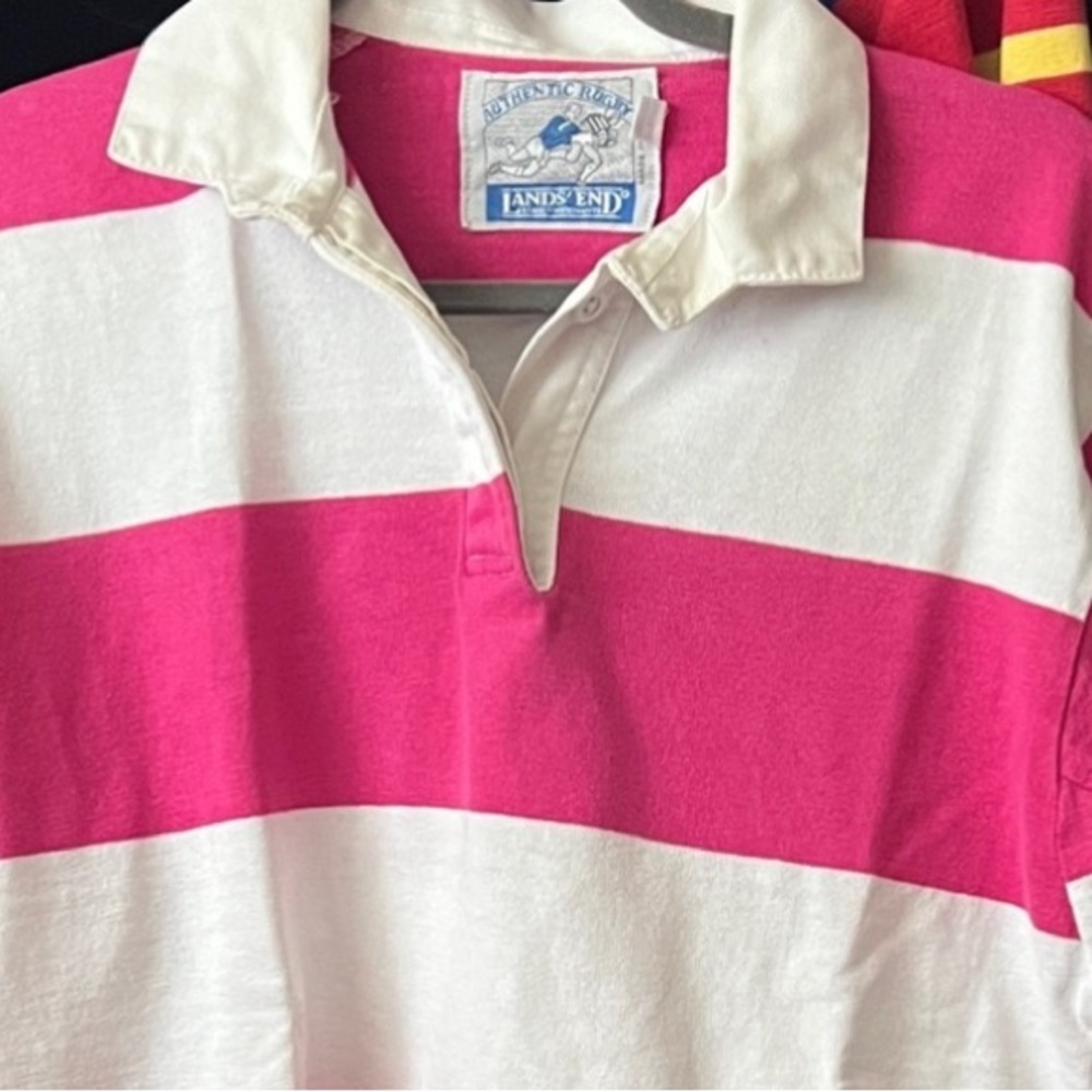 Authentic Lands’ End Vintage Rugby Shirt – Pink & White Stripe – Women’s M - Picture 9 of 9